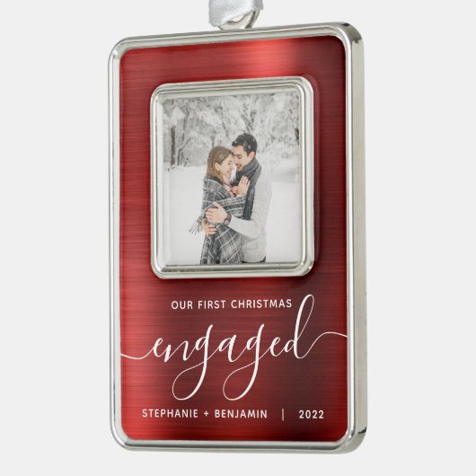 Eerste Kerstmis Geëmigende Foto Rood geborsteld Me Verzilverd Omlijst Ornament (Links)
