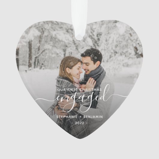 Eerste Kerstmis Geëvenieerd Foto White Script Hear Ornament (voorkant)