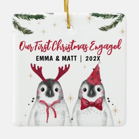 Eerste Kerstmis Gegaasde of gehuwde grappige pingu Keramisch Ornament (Voorkant)
