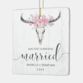 Eerste Kerstmis Gehuwde Rustische Koe Schull Foto Keramisch Ornament (Links)