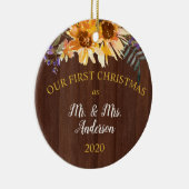 Eerste Kerstmis Gehuwde Rustische Zonnebloem op ho Keramisch Ornament (Rechts)