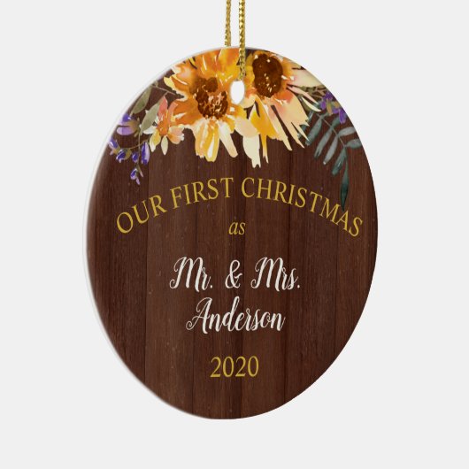 Eerste Kerstmis Gehuwde Rustische Zonnebloem op ho Keramisch Ornament (Rechts)