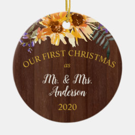 Eerste Kerstmis Gehuwde Rustische Zonnebloem op ho Keramisch Ornament