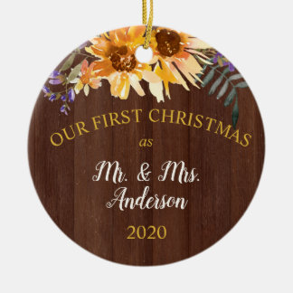 Eerste Kerstmis Gehuwde Rustische Zonnebloem op ho Keramisch Ornament