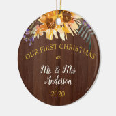 Eerste Kerstmis Gehuwde Rustische Zonnebloem op ho Keramisch Ornament (Links)