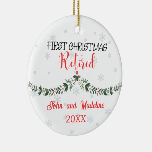 Eerste Kerstmis Gepensioneerd Gepersonaliseerd Keramisch Ornament (Rechts)
