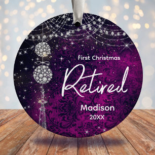 Eerste Kerstmis gepensioneerde paarse zilveren fau Keramisch Ornament