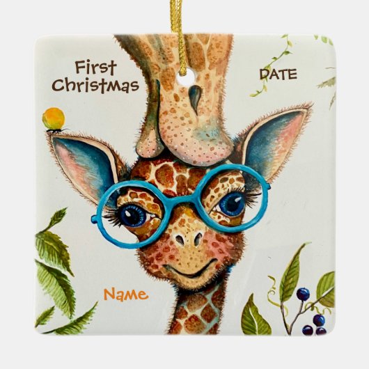 Eerste Kerstmis Gepersonaliseerde Baby Giraffe Keramisch Ornament (Voorkant)