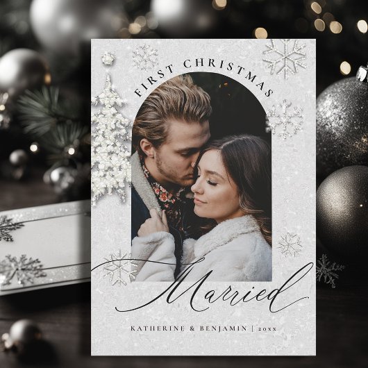 Eerste kerstmis getrouwd glitters boho boog foto feestdagenkaart