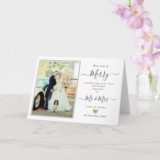 Eerste kerstmis getrouwd meneer en mevrouw gouden  kaart (Orchidee)