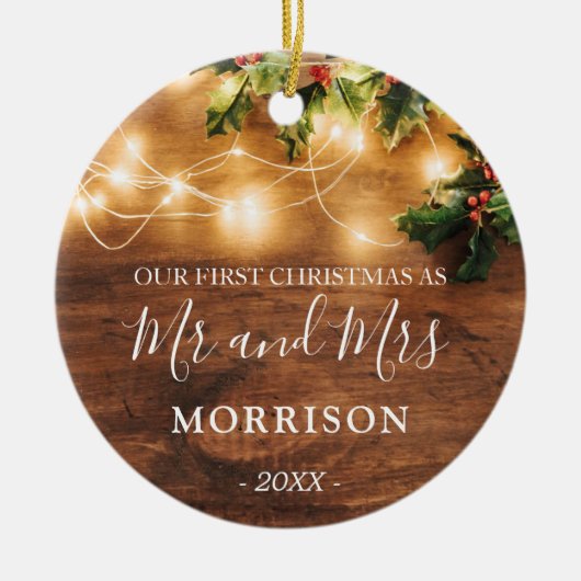 Eerste Kerstmis, getrouwd met bijtend hout en lich Keramisch Ornament (Voorkant)