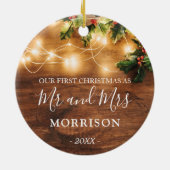 Eerste Kerstmis, getrouwd met bijtend hout en lich Keramisch Ornament (Achterkant)