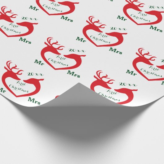 Eerste Kerstmis Getrouwd met Mr en Mrs Heart Deer Cadeaupapier (Hoek)