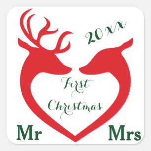 Eerste Kerstmis Getrouwd met Mr en Mrs Heart Deer Vierkante Sticker