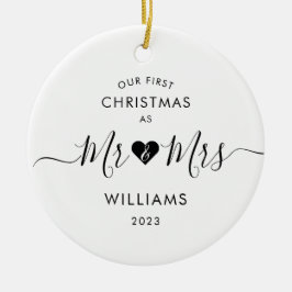 Eerste Kerstmis Getrouwd Minimal Mr en Mrs Foto Keramisch Ornament