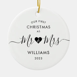 Eerste Kerstmis Getrouwd Minimal Mr en Mrs Foto Keramisch Ornament