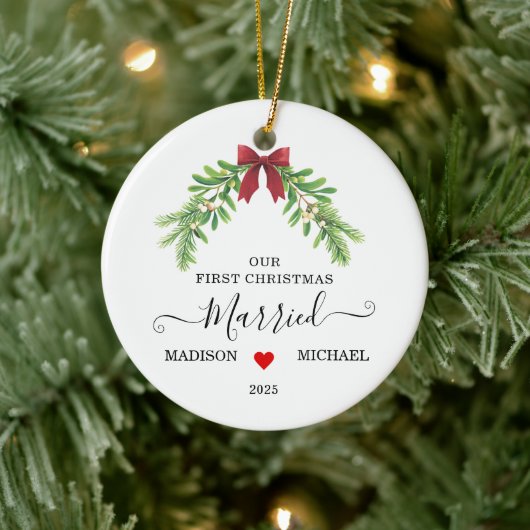 Eerste kerstmis getrouwd mistletoe vakantie keramisch ornament (Boom)