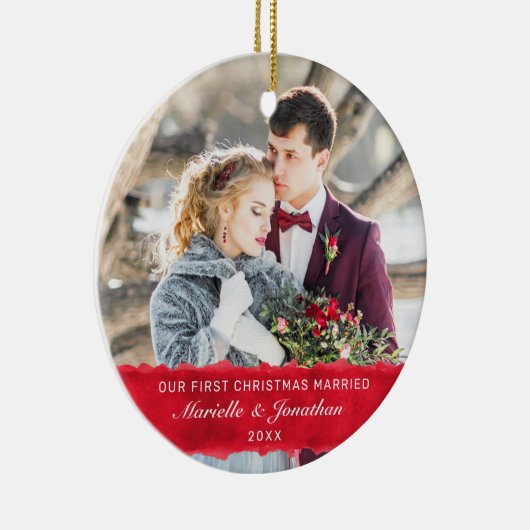 Eerste Kerstmis getrouwd rode streep aangepaste fo Keramisch Ornament (Rechts)
