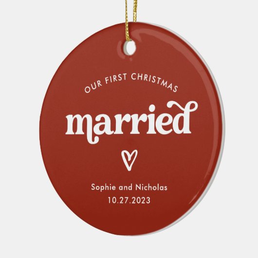 Eerste Kerstmis getrouwd | Rood en Wit met Hart Keramisch Ornament (Links)