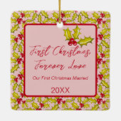 Eerste Kerstmis Getrouwd Roze Rood Leuke Paren Fot Keramisch Ornament (Achterkant)