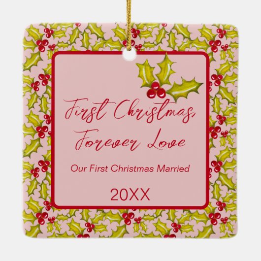 Eerste Kerstmis Getrouwd Roze Rood Leuke Paren Fot Keramisch Ornament (Achterkant)