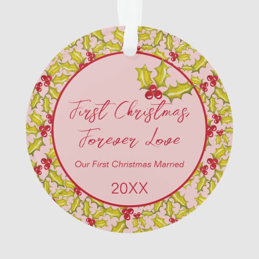 Eerste Kerstmis Getrouwd Roze Rood Leuke Paren Fot Ornament (achterkant)