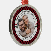 Eerste Kerstmis getrouwd rustieke rode check foto Metalen Ornament (Rechts)