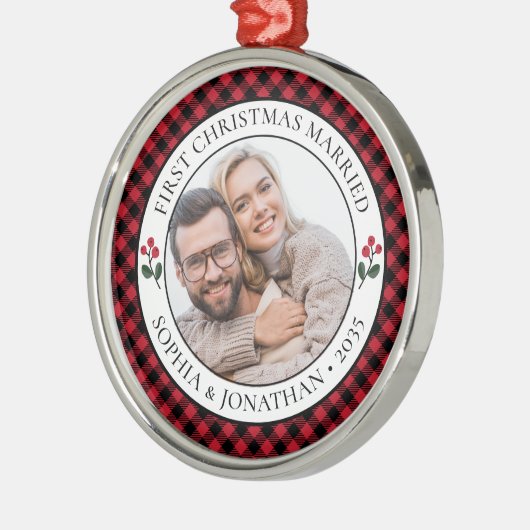Eerste Kerstmis getrouwd rustieke rode check foto Metalen Ornament (Links)