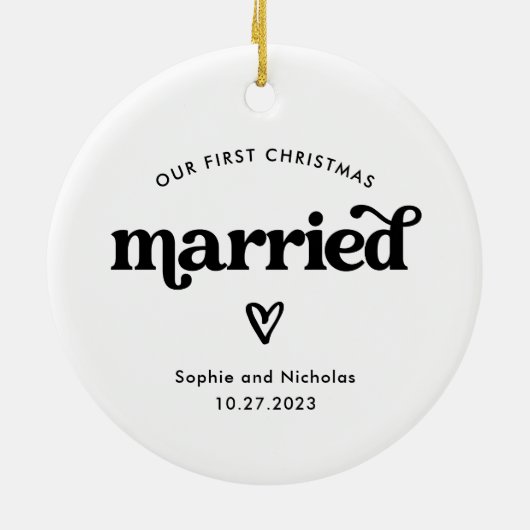 Eerste Kerstmis Getrouwd Zwart en Wit met Hart Keramisch Ornament (Achterkant)
