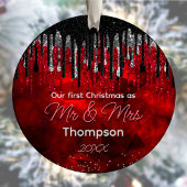 Eerste Kerstmis getrouwd zwart rood glitter druppe Keramisch Ornament