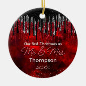 Eerste Kerstmis getrouwd zwart rood glitter druppe Keramisch Ornament (Voorkant)