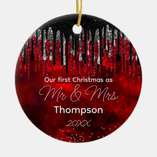 Eerste Kerstmis getrouwd zwart rood glitter druppe Keramisch Ornament (Voorkant)