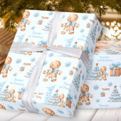 Eerste Kerstmis Gingerbread Man Jongen Blauw Naam Cadeaupapier