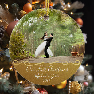 Eerste kerstmis goud aangepast paar gepersonalisee keramisch ornament