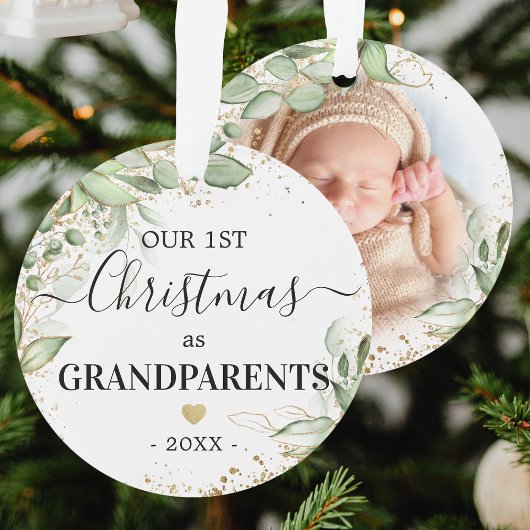 Eerste Kerstmis: Groene goudfoto van grootouders Ornament