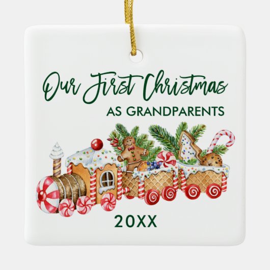 Eerste Kerstmis Grootouders Gingerbrood Train Grn Keramisch Ornament (Voorkant)