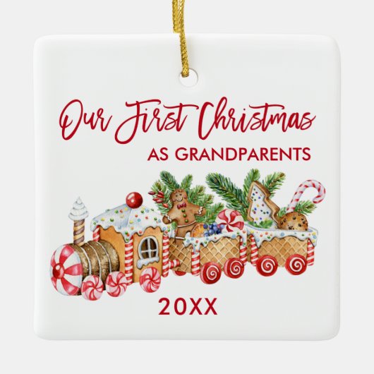 Eerste Kerstmis Grootouders Gingerbrood Train Red Keramisch Ornament (Voorkant)