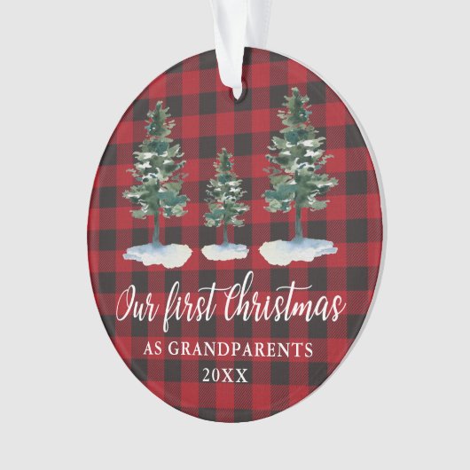 Eerste Kerstmis Grootouders Pines Rood Plaid Ornament (voorkant)