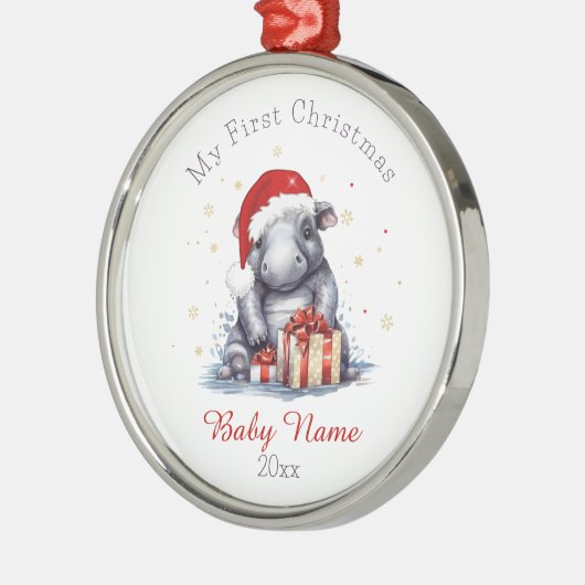 Eerste Kerstmis Hippopotamus Aangepaste Naam Keeps Metalen Ornament (Links)