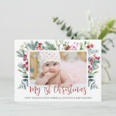 Eerste Kerstmis Holly Berry Foto Feestdagenkaart (Staand voorkant)