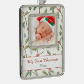 Eerste Kerstmis Holly en aangepaste foto Verzilverd Omlijst Ornament (Rechts)