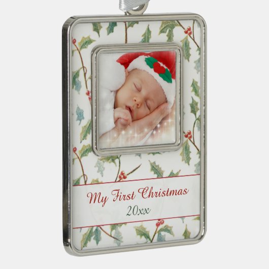 Eerste Kerstmis Holly en aangepaste foto Verzilverd Omlijst Ornament (Rechts)