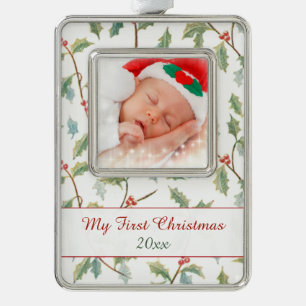 Eerste Kerstmis Holly en Aangepaste foto Verzilverd Omlijst Ornament