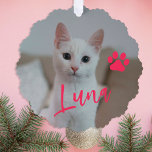 Eerste Kerstmis huisdier kat foto naam poot custom Ornament Kaart<br><div class="desc">Modern voeg uw huisdier naam roze script en paw print Eerste kerst keepsake tree ornament kaart.</div>