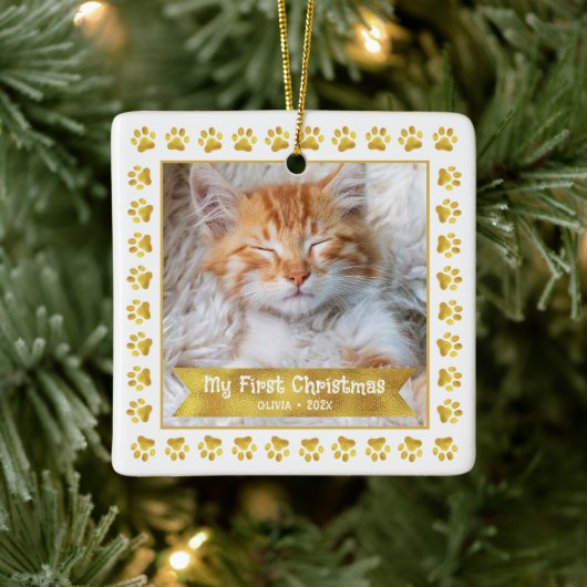 Eerste Kerstmis Huisdier Kitten Foto Gold Paws Cus Keramisch Ornament (Boom)