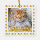 Eerste Kerstmis Huisdier Kitten Foto Gold Paws Cus Keramisch Ornament (Voorkant)