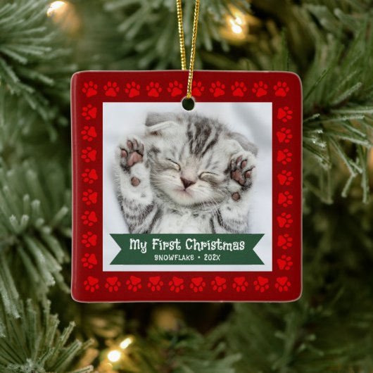 Eerste Kerstmis Huisdier Kitten Foto Pootjes Rood  Keramisch Ornament (Boom)