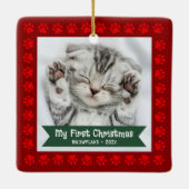 Eerste Kerstmis Huisdier Kitten Foto Pootjes Rood  Keramisch Ornament (Achterkant)