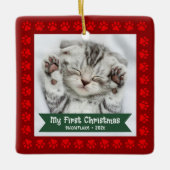 Eerste Kerstmis Huisdier Kitten Foto Pootjes Rood  Keramisch Ornament (Voorkant)