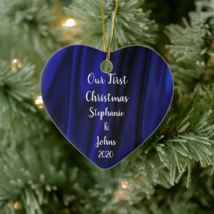 Eerste Kerstmis in Blauwe Satin Royal Trendy Keramisch Ornament